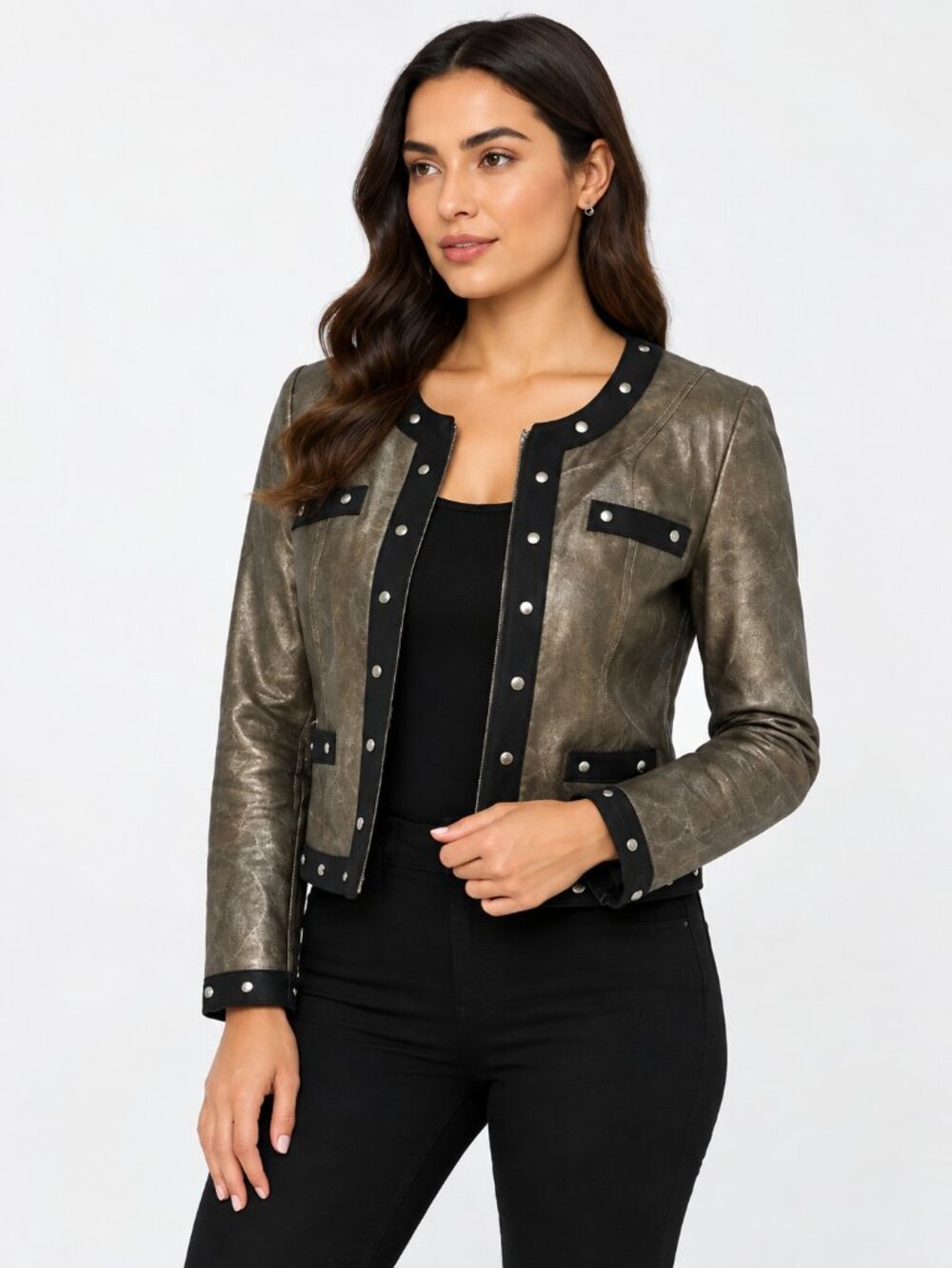 W by Worth Metallic Bronze Leather Studded Zip Jacket Size 4